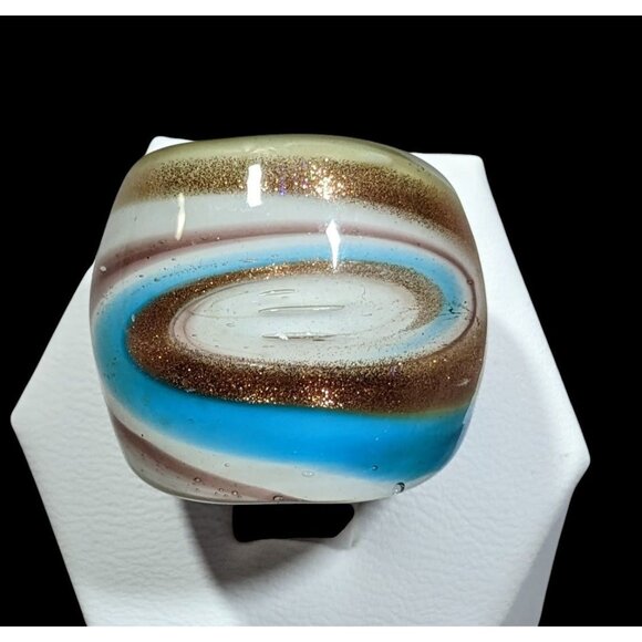 Lampwork Glass White Blue And Gold Tone Ring Size 7 - Picture 1 of 9